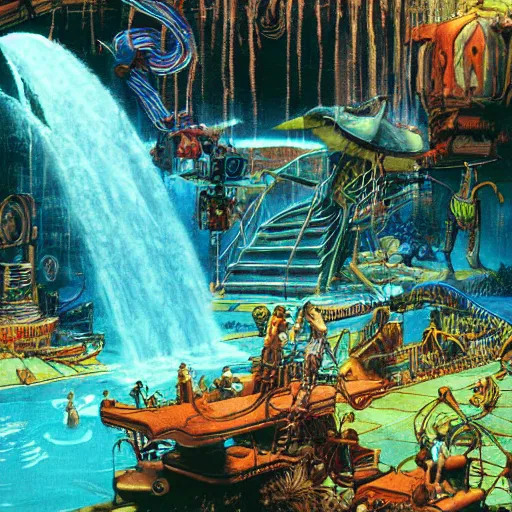 Prompt: vhs machine waterpark painting by brain froud, moebius, charles vess, cinematic lighting, epic composition, highly detailed