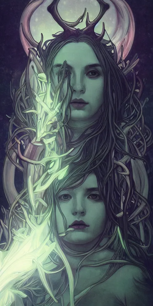 Image similar to intense bioluminescent glowing pagan god with antlers and tusks and pure black eyes in very dark forest by artgerm and alphonse mucha, portrait, fantasy, clear, light beams, lens flare, intense, uhd, amazing depth, cinematic lighting