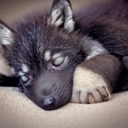 Prompt: tiny black wolf puppy sleeping cute