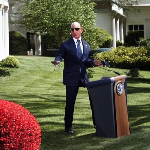 Prompt: Jeff Bezos as the president of the United States speaking with reporters on the what house lawn