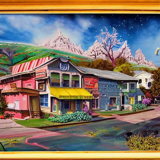 Image similar to 5 0 s tract home suburb on ancient post - apocalyptic planet, jim henson creature shop, vivid and colorful, thomas kincaid, cinematic, oil painting, highly detailed, illustration