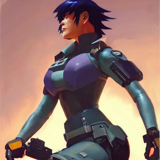 Image similar to greg manchess portrait painting of partially armored motoko kusanagi aka major as overwatch character, medium shot, asymmetrical, profile picture, organic painting, sunny day, matte painting, bold shapes, hard edges, street art, trending on artstation, by huang guangjian and gil elvgren and sachin teng