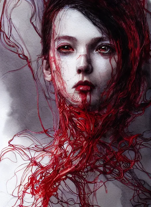 Image similar to portrait, The red thread of fate that binds every soul on earth, watercolor, dramatic lighting, cinematic, establishing shot, extremely high detail, foto realistic, cinematic lighting, pen and ink, intricate line drawings, by Yoshitaka Amano, Ruan Jia, Kentaro Miura, Artgerm, post processed, concept art, artstation, matte painting, style by eddie mendoza, raphael lacoste, alex ross