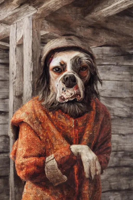 Prompt: slavic dog head man, woolen torso in medieval clothes, builds wooden house, oil painting,, concept art, hyperrealism, beautiful, high resolution, trending on artstation,