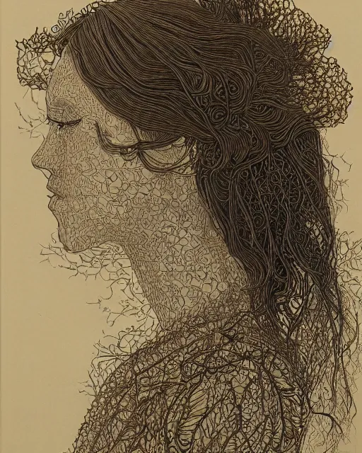 Image similar to a woman's face in profile, long flowing hair entwined in a coral reef, made of intricate decorative lace leaf, in the style of the dutch masters and gregory crewdson, dark and moody