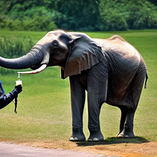 Image similar to an elephant drinks from a red bull