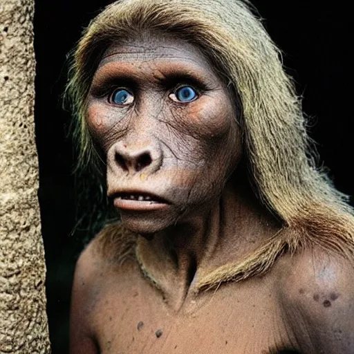 Image similar to “ full body photo of a very primitive pre-human woman Neanderthal looking deeply to the camera, blue eyes, anthropology photography, color kodakcrhome 64,National Geographic ”