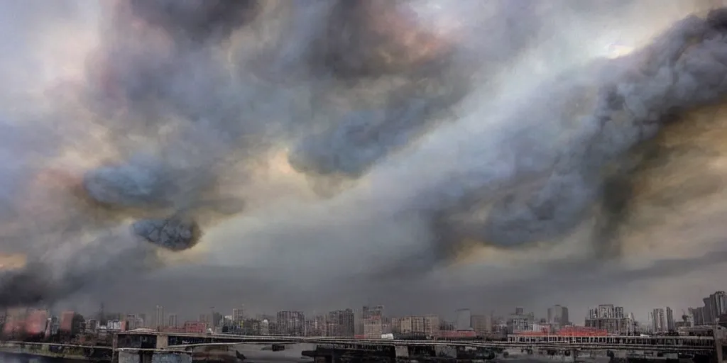 Prompt: extremely beautiful day time photograph of smoke clouds in the style of cai guo - qiang, muted soft colors, chinese paintings, colored smoke clouds, river and city, the sky is gray, landscape, chinese artist cai guo qiang, explosion, explosive, art, fine art, hd, very very beautiful