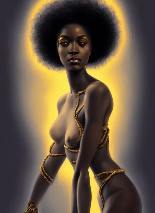 Image similar to portrait of young black woman with two stand twits, afro - futurist style, intricate, elegant gleaming jewelry, angelic halo, highly detailed, digital painting, artstation, concept art, smooth, sharp focus, illustration, art by wlop, mars ravelo and greg rutkowski