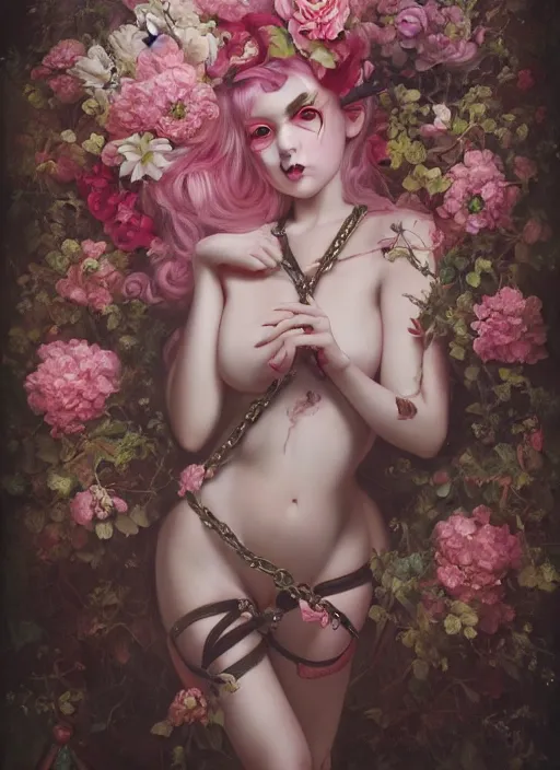 Image similar to pop surrealism, lowbrow art, realistic seductive cute woman painting, pink body harness, long hair, japanese shibari with flowers, hyper realism, muted colours, rococo, natalie shau, loreta lux, tom bagshaw, mark ryden, trevor brown style,