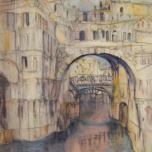 Image similar to the bridge of sighs in the style of vrubel, watercolor, pastel colors, chiaroscuro, bleached colors