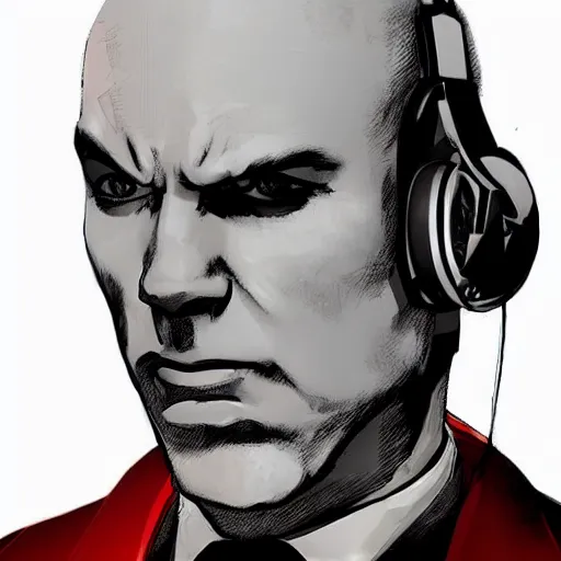 Image similar to a portrait of agent 4 7 from hitman wearing headphones, dark background, red rim light, digital art, artstation, art by yoji shinkawa