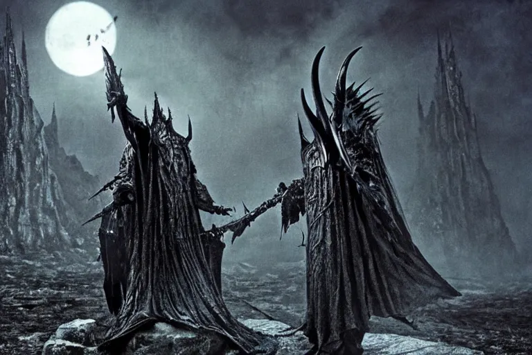 Image similar to the witch king of angmar in the style of h. r. giger, photorealistic movie still from the lord of the rings directed by ridley scott, battle in the background, cinematic