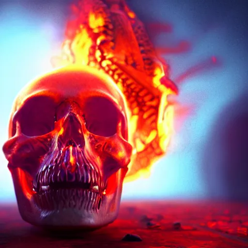 Image similar to a highly detailed human skull on fire in front of a glowing red background, 3 d, fire through eyes, octane render, symmetrical, hyper realism, highly detailed, digital art, artstation, concept art, cinematic lighting, strong bokeh, trending