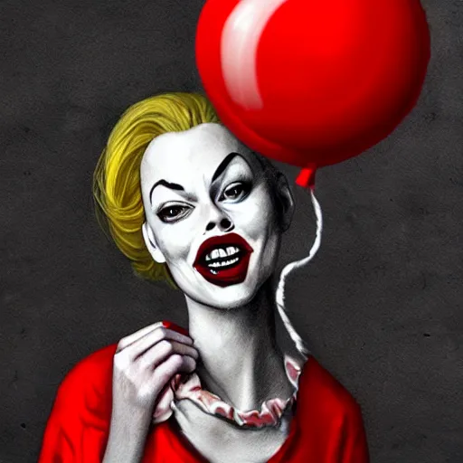 Image similar to surrealism grunge cartoon portrait sketch of margot robbie with a wide smile and a red balloon by - michael karcz, loony toons style, pennywise style, horror theme, detailed, elegant, intricate