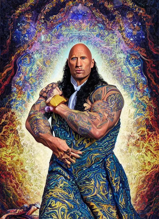 Prompt: beautiful oil painting, portrait of Dwayne the rock Johnson as Louis xiv in coronation robes 1701, Dan Mumford, dan Mumford, Dan Mumford, Alex grey, Alex grey, lsd visuals, dmt fractal patterns, entheogen, psychedelic, hallucinogen, highly detailed, ornate