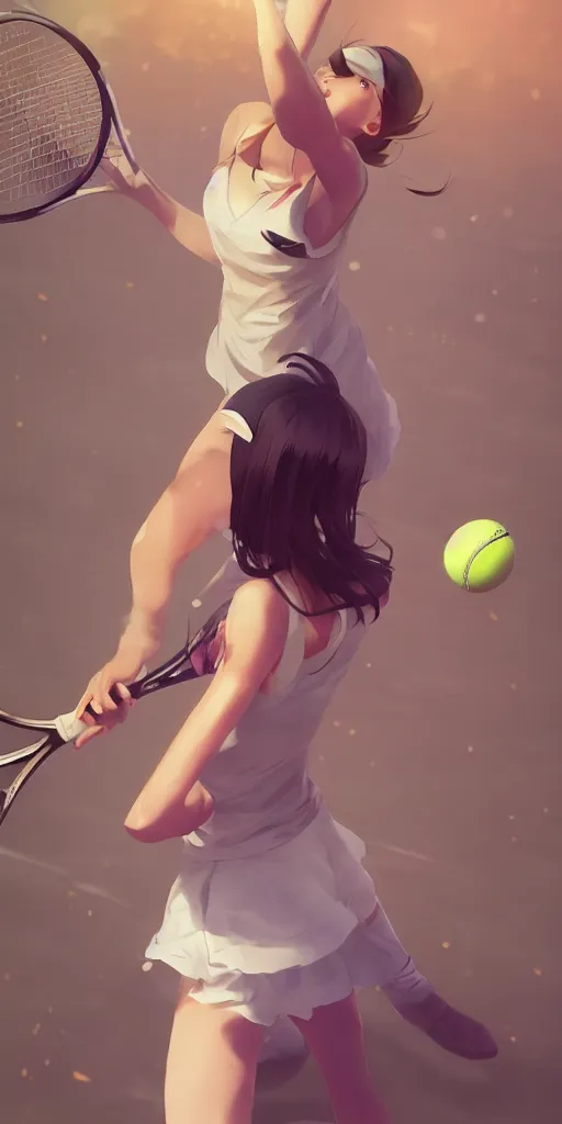 Image similar to a beautiful young elegant girl playing tennis, with a close-up of the upper body,Japanese anime style, gorgeous atmosphere, full of details, matte painting, concept art, smooth, by Shinkai Makoto and Ina Wong and wlop ，trending on cgsociety and artstation，8kHDR，light effect