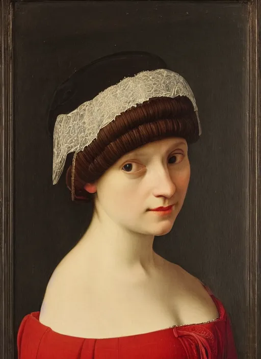 Image similar to portrait of young woman in renaissance dress and hatart by petrus christus,