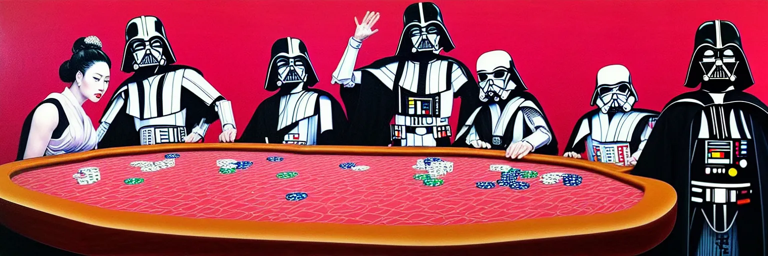 Image similar to hyperrealism composition of the detailed woman in a japanese kimono sitting at an extremely detailed poker table with darth vader and stormtrooper, fireworks on the background, pop - art style, jacky tsai style, andy warhol style, acrylic on canvas