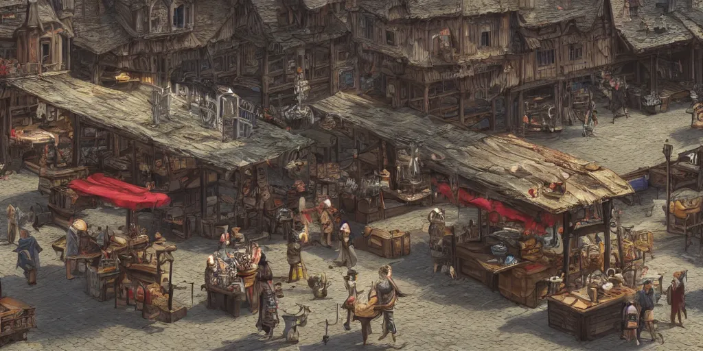 Prompt: empty marketplace full of merchants in an old medieval town, fantasy apocalypse, digital art, 4 k,