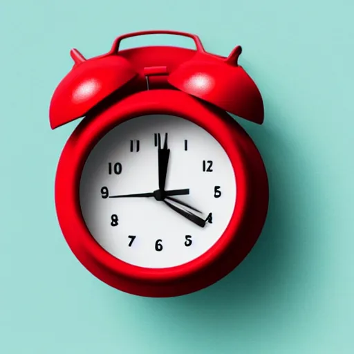 Image similar to Very tiny red alarm clock that looks like the iOS emoji and has the same colors, 3D clay render, 4k UHD, white background, isometric top down left view, diffuse lighting, zoomed out very far