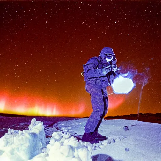 Prompt: a high quality color extreme closeup film 3 5 mm depth of field photograph of a us soldier's face as he frantically iss pouring a can of gasoline along the perimeter of homes in mcmurdoch station in antarctica in 1 9 8 2 with the aurora borealis in the sky at night