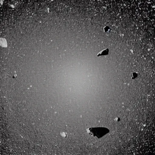 Prompt: an old and poorly developed black and white photograph taken from the surface of a comet by NASA