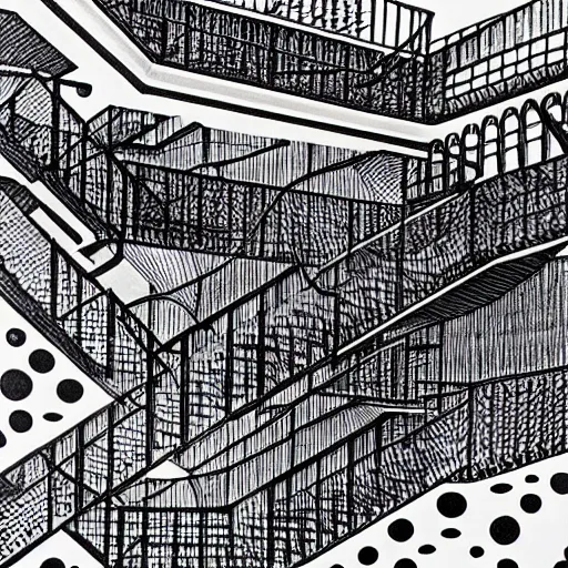 Prompt: optical illusion connected staircases, pen and ink, M.C.Escher, insanely detailed, 4K,