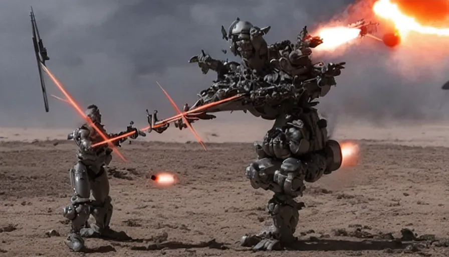 Image similar to Big budget movie about a cyborg demon fighting a surface to air missile system