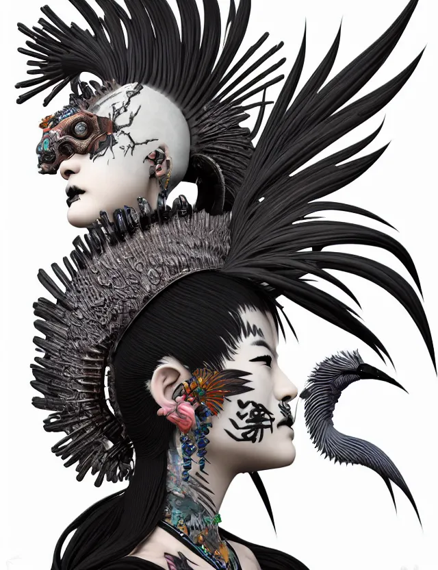 Image similar to 3 d goddess close - up profile simple portrait punk with mohawk with goat skull. beautiful intricately detailed japanese crow kitsune mask and clasical japanese kimono. betta fish, jellyfish phoenix, bio luminescent, plasma, ice, water, wind, creature, artwork by tooth wu and wlop and beeple and greg rutkowski