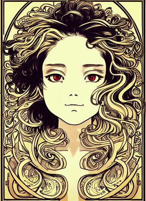 Image similar to photographer looking through camera, design on white background, gnarly details, gold, drawn by studio ghibli, alphonso mucha, lolish, trending on artstation