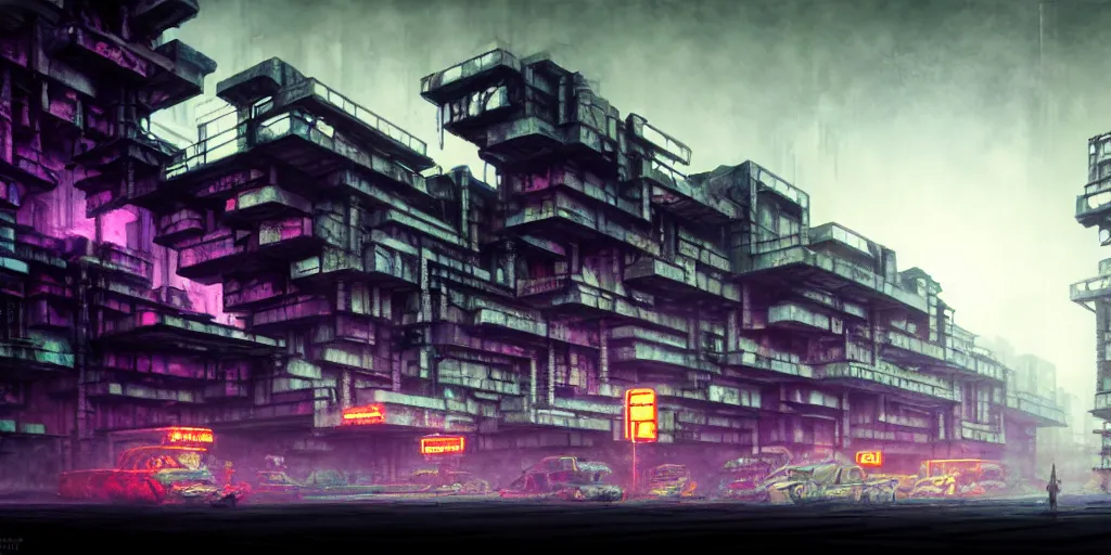 Image similar to pixelated concept art, octane render, a brooding, dystopian city ruins, reflections, volumetric neon lighting, dramatic, white neon glow, 8 k, ultra - hd, insanely detailed and intricate, hypermaximalist, brutalist habitat 6 7, elegant, ornate, by gerald brom, by syd mead, akihiko yoshida, doug chiang, cinematic