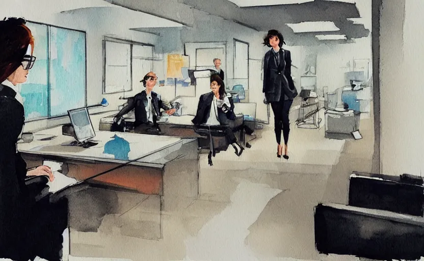 Prompt: concept art of a modern office life, business woman, pinterest, artstation trending, behance, watercolor, by coby whitmore *, silver, laser light *,