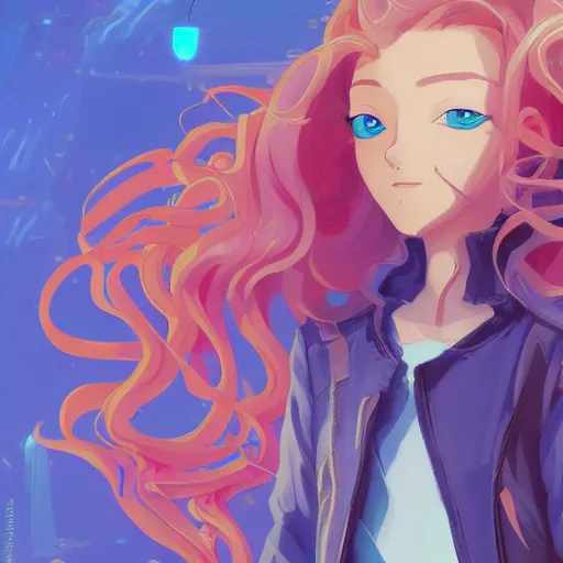 Prompt: a cute 2 0 years old girl with long curly blonde hair, with blue eyes, in a cyberpunk setting, artstation, elegant, highly detailed, digital painting, concept art, smooth, sharp focus, illustration, art by don bluth and michel ocelot and makoto shinkai and tom whalen and atey ghailan and akihiko yoshida