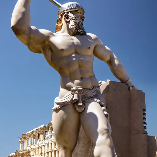 Image similar to tiny greek goddess in steel helmet standing on a giant greek bearded male head of Zeus, greek temple of olympus glory island, late afternoon light, wispy clouds in a blue sky, by frank lloyd wright and greg rutkowski and ruan jia