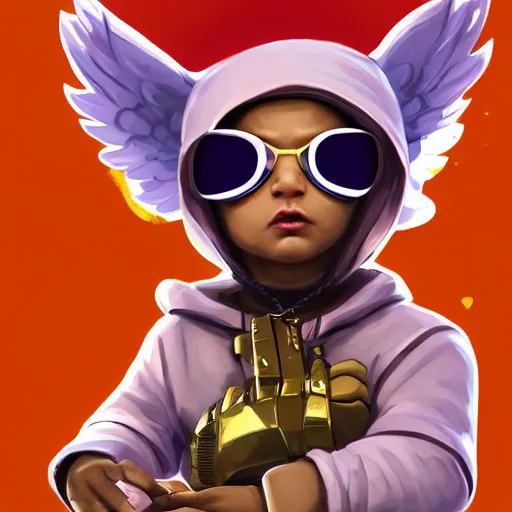 Prompt: baby Angel, baby cherub,wearing angel, face covered, Gucci, halo, ski mask, balaclava, face covered, wearing angel halo covered face, orange hoodie, hip hop, multiple golden necklaces, fantasy art apex fortnite Video game icon, 2d game art gta5 cover , official fanart behance hd artstation by Jesper Ejsing, by RHADS, Makoto Shinkai and Lois van baarle, ilya kuvshinov, rossdraws