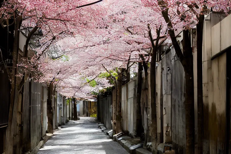 Image similar to beautiful Japanese alleyway with sakura trees by Vincent Di Fate, rule of thirds, beautiful, sharp focus