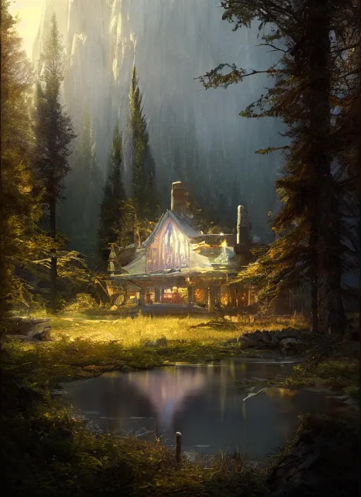 Prompt: cinematic snapshot of the epic concept art white castle in the valley by the lake, around the forest beautiful, realistic poster with volumetric light from craig mallism, artgerm, jeremy lipkin and michael garmash, unreal engine, radiant light, detailed and complex environment, digital art, trends at art station