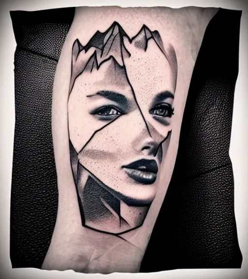 Image similar to double exposure of a hyper realistic mountain scenery with a beautiful woman face, tattoo design sketch, in the style of matteo pasqualin, hyper - realistic, amazing detail, black and white