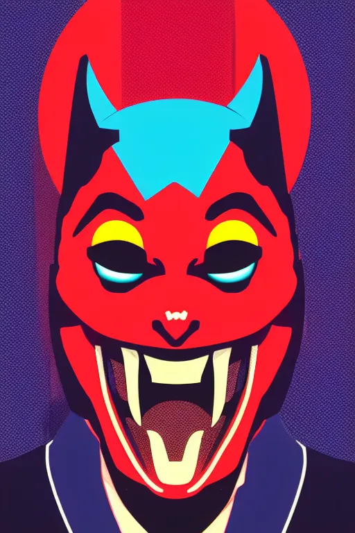 Prompt: guy with japan devil mask, pop art, pixel, gta vice city style, glowing lights, face features, ultrarealistic details, digital painting, trending artstation, concept art, smooth, sharp focus, illustration, intecration details, art by mark millar and richard hamilton and mimmo rottela, kirokaze and paul robertson