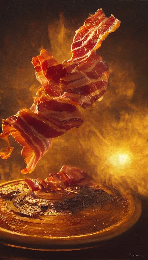 Prompt: painting of bacon sizzling, by Peder Krøyer, dramatic lighting, volumetric lighting, bubbles, golden hour, epic, intricate detail, canvas print