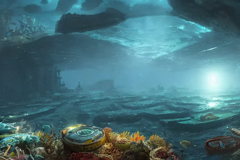 Prompt: an epic landscape view of manhattan underwater, with a submersible with a shining headlight exploring the ruins, with seaweed, fish, painted by tyler edlin, wide angle, atmospheric, volumetric lighting, cinematic, very realistic, highly detailed digital art