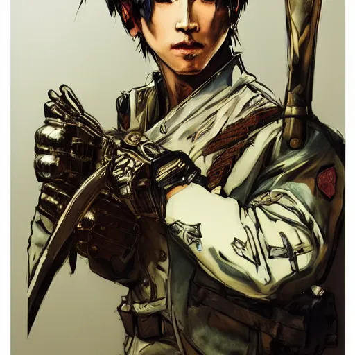 Prompt: portrait of a young white hero using his right arm to hold his sword covering his eye by yoji shinkawa, high quality, extra details, realism, ornate, colored, golden chain, blood, white skin, short hair, brown eyes, vivid, sunlight, dynamic, american man, freedom, white american soldier, pencil drawing, cybernetics, military