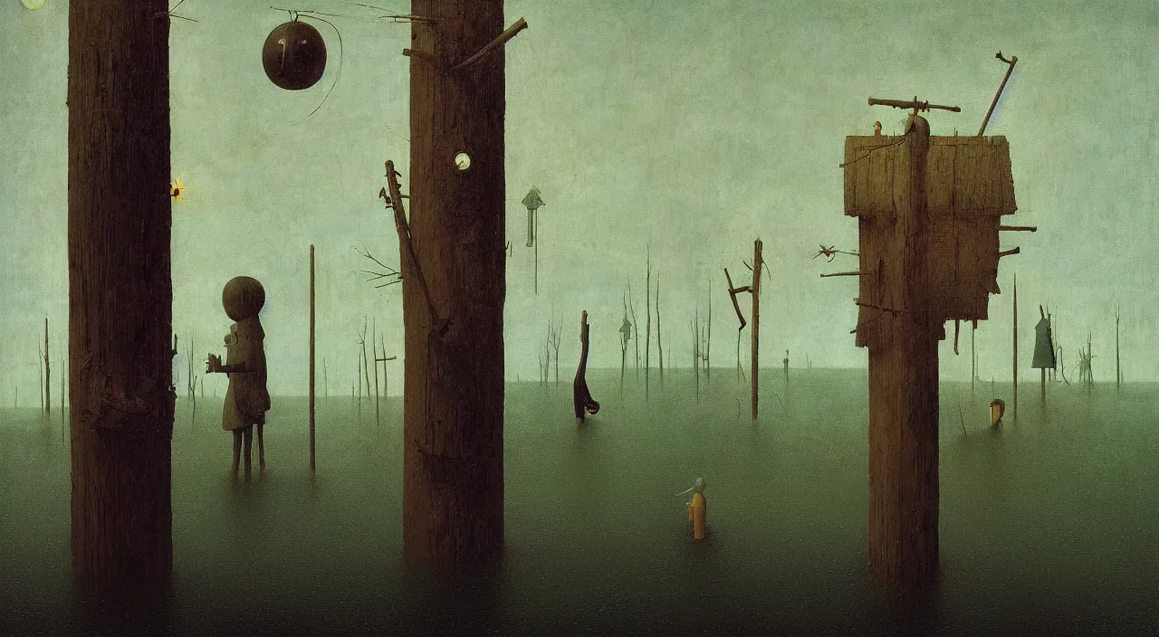 Image similar to single flooded wooden pole, very coherent and colorful high contrast masterpiece by franz sedlacek hieronymus bosch dean ellis simon stalenhag rene magritte gediminas pranckevicius, dark shadows, sunny day, hard lighting