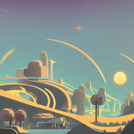 Image similar to beautiful happy picturesque charming organic utopian futuristic sci - fi town integrated in nature. beautiful light. grainy and rough. soft colour scheme. beautiful artistic vector graphic design art by lurid. ( 2 0 2 2 )