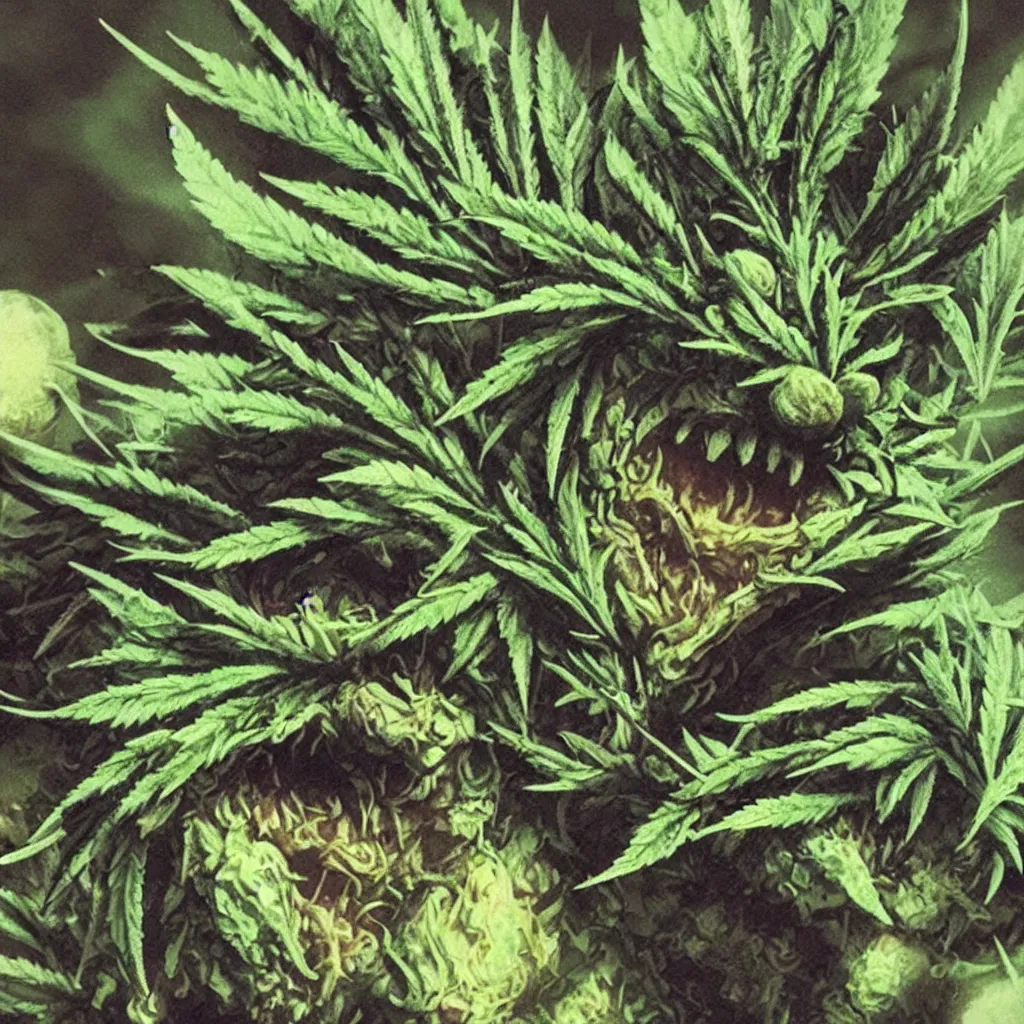 Image similar to a hyperrealistic Cannabis Monster