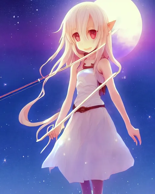 Image similar to chibi, cute, female, full body, elf girl with white skin and golden long wavy hair, holding a violin and playing a song, stunning art style, filters applied, lunar time, night sky, trending art, sharp focus, centered, landscape shot, fate zero, simple background, studio ghibly makoto shinkai yuji yamaguchi, by wlop