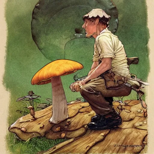 Image similar to lonely mushroom makes a friend, george kamitani, norman rockwell, dean cornwell, storybook illustration, arthur rackham, Artstation, Hyperdetailed, stylized, cel shading