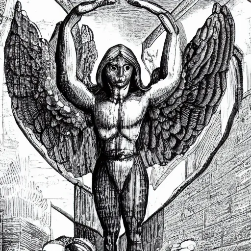 Prompt: humanoid with left half angelic wing and right half demonic wing, arms crossed in a dungeon