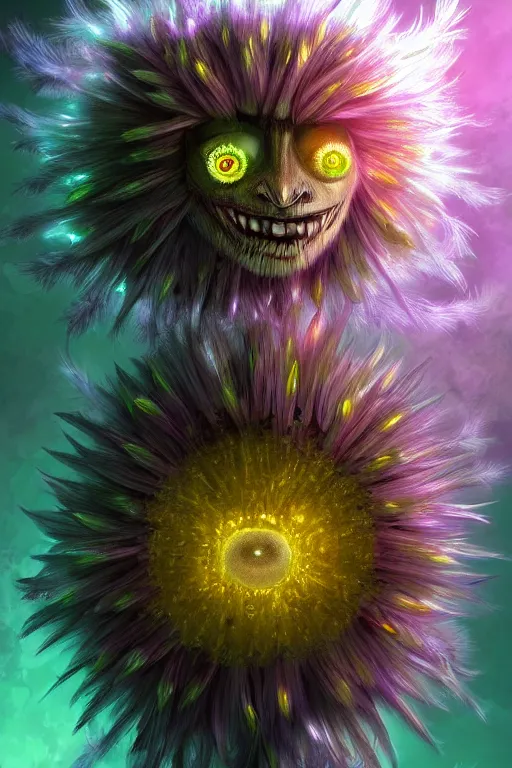 Prompt: a humanoid figure thistle dandelion monster with eyes, radiation glow, highly detailed, digital art, sharp focus, trending on art station, artichoke, anime art style